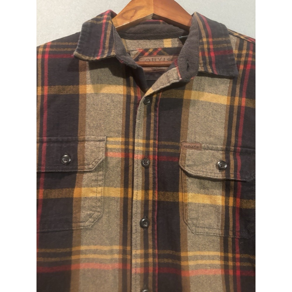 Orvis Shirt Mens Medium‎ Flannel Brown Plaid Shacket Side Long Sleeve